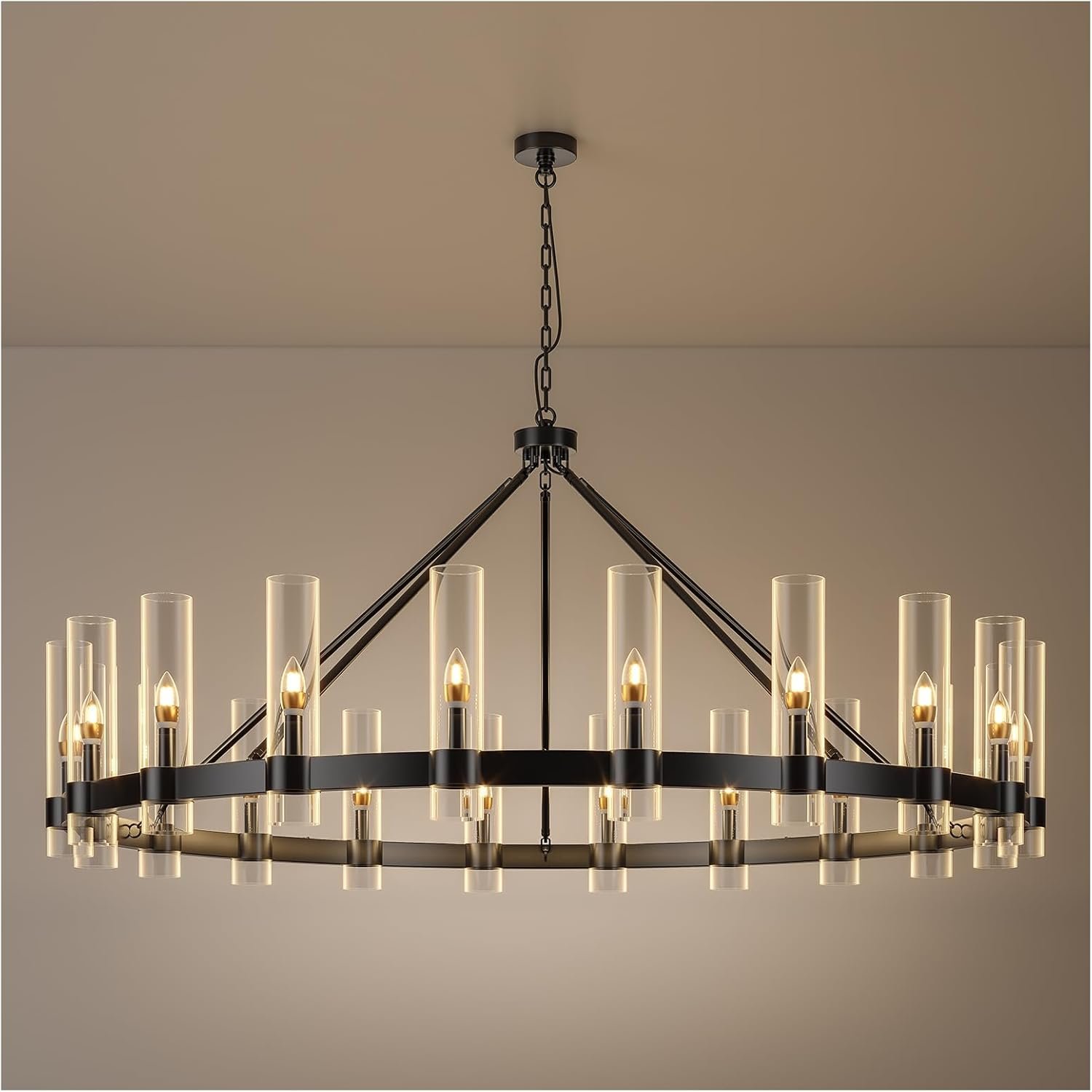 20-Lights Black Wagon Wheel Chandelier Modern Farmhouse with Glass Shade