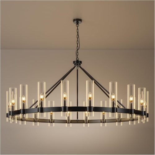 20-Lights Black Wagon Wheel Chandelier Modern Farmhouse with Glass Shade