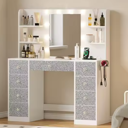 Illuminated vanity desk with mirror and storage